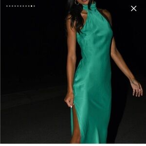 Meshki Backless Emerald Halter Neck Satin Maxi Dress